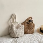 Handmade crochet tote bag cotton rope hollow bucket bag travel holiday beach boho tote bags