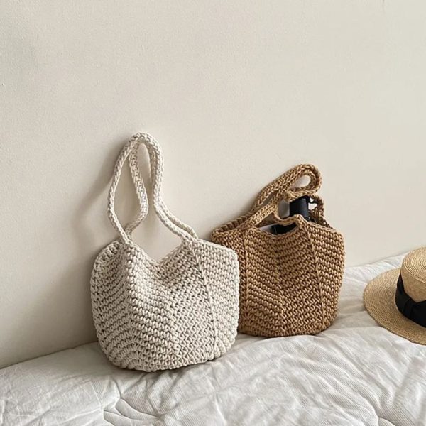 Handmade crochet tote bag cotton rope hollow bucket bag travel holiday beach boho tote bags