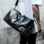 Leather mens crossbody bag Black travel Waterproof sports cylinder bag duffle bag with shoe compartment