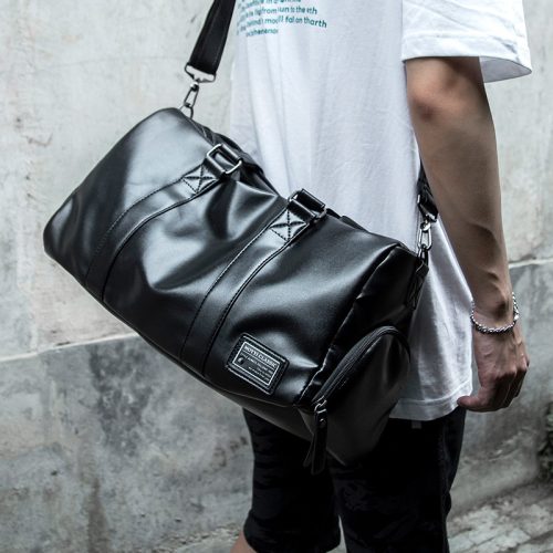 Leather mens crossbody bag Black travel Waterproof sports cylinder bag duffle bag with shoe compartment