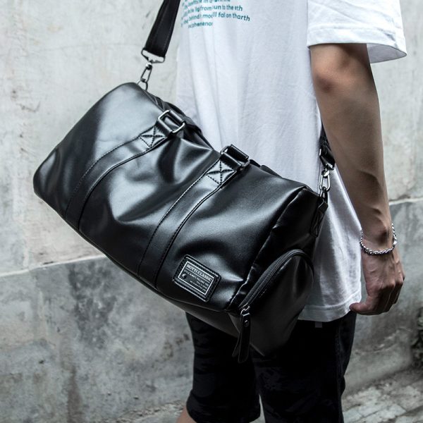 Leather mens crossbody bag Black travel Waterproof sports cylinder bag duffle bag with shoe compartment