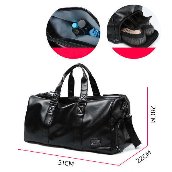 Leather mens crossbody bag Black travel Waterproof sports cylinder bag duffle bag with shoe compartment