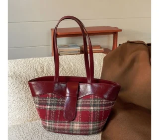 Plaid Handbag Cherry Red Shoulder Bag with Leather Strap