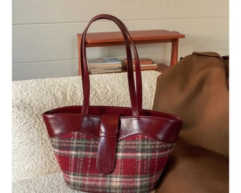 Plaid Handbag Cherry Red Shoulder Bag with Leather Strap