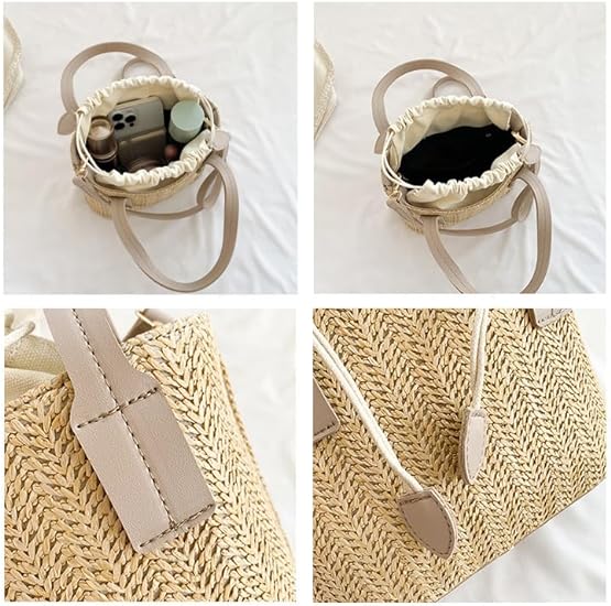 Handbags Straw Woven Bucket Bag with Leather Strap